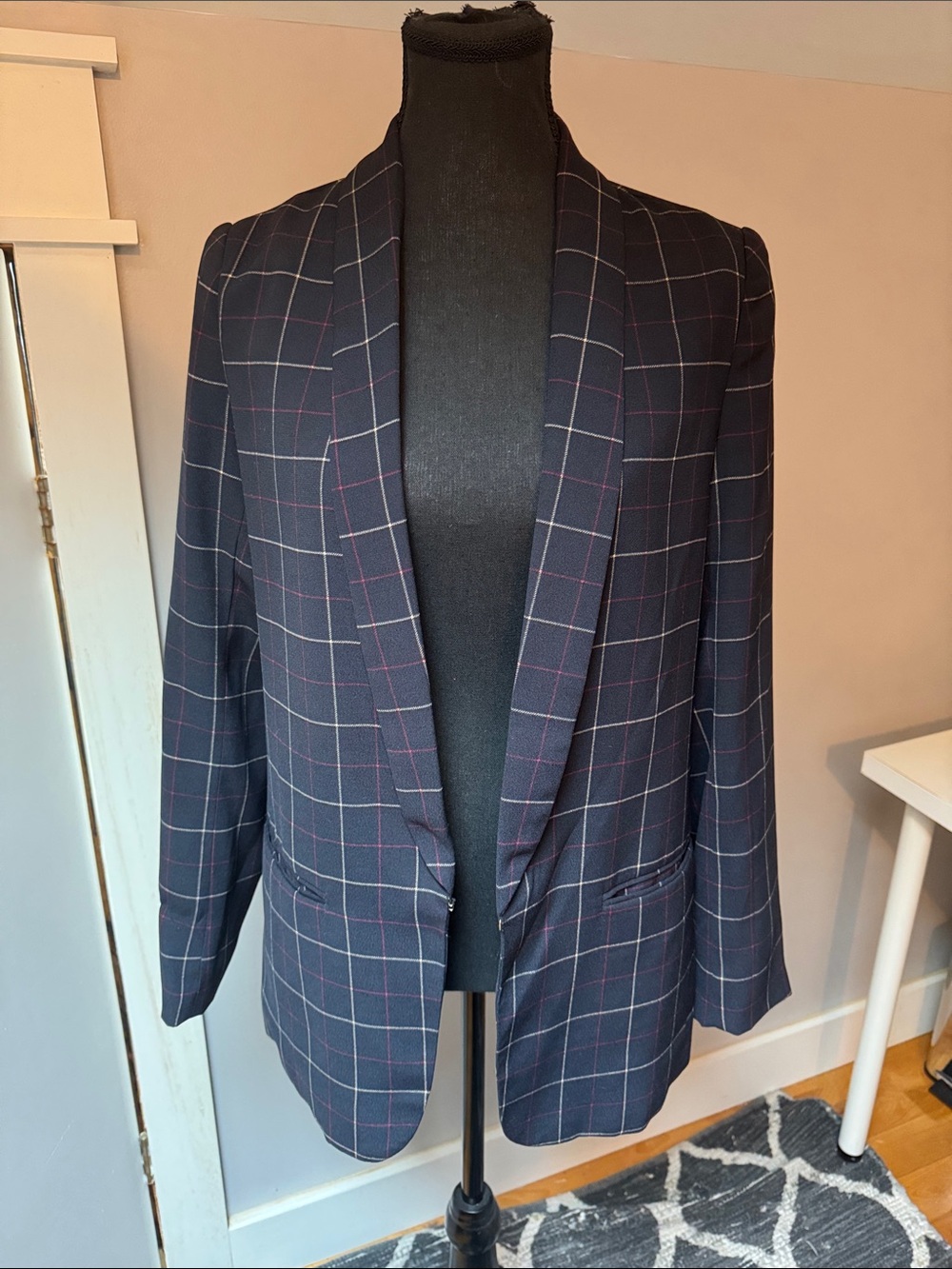 Dex Navy Windowpane Shawl Collar Blazer with Burgundy Accents
